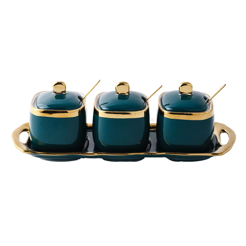 3PC Nordic Color-Glazed Ceramic-Gold Trim Serving Jars