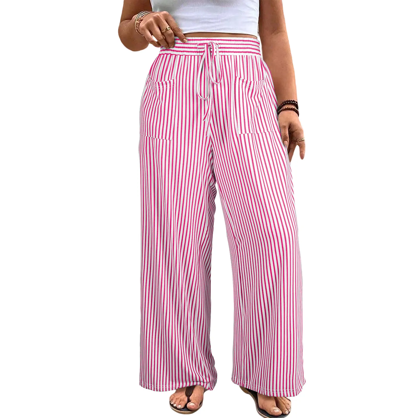 Womens Plus Size Wide Leg Pants Elastic High Waist Striped Casual Palazzo Pants Lounge Trouser with Pockets (1X-5X)