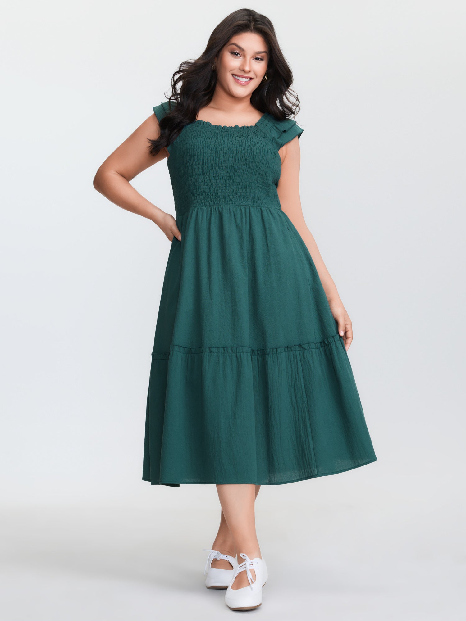 Pure Cotton Shirred Bodice Midi Dress