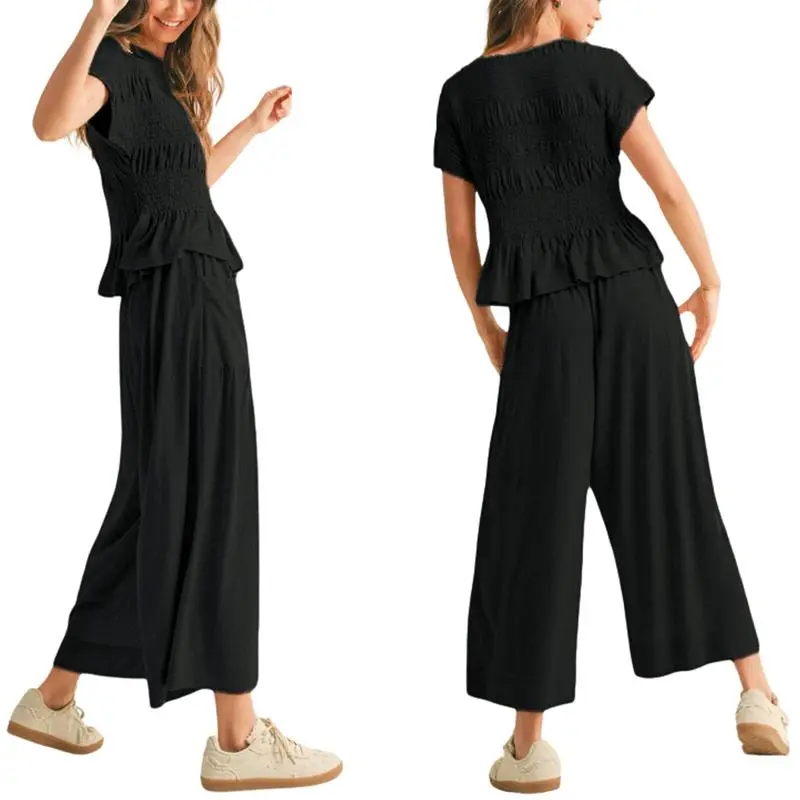 Womens 2 Piece Smocked Top Wide-Leg Pants Set