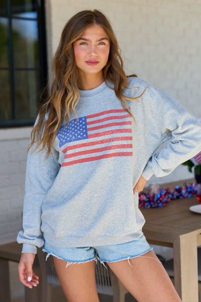 Distressed Flag Light Grey Graphic Sweatshirt