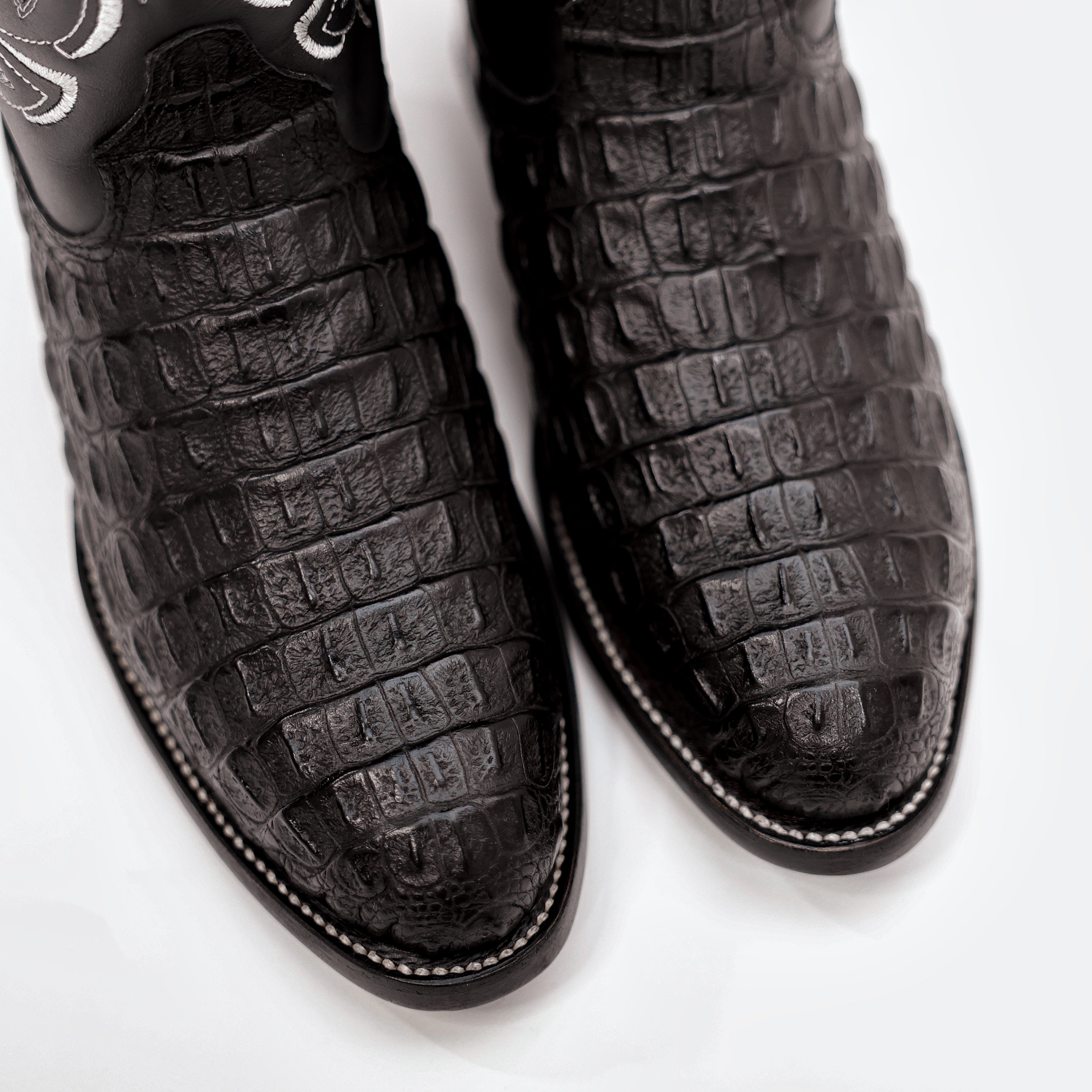 Black Caiman Hornback Leather Boots - Round Toe