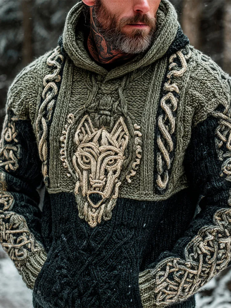 Viking Hellhound Celtic Knot Art Men's Hooded Knit Sweater