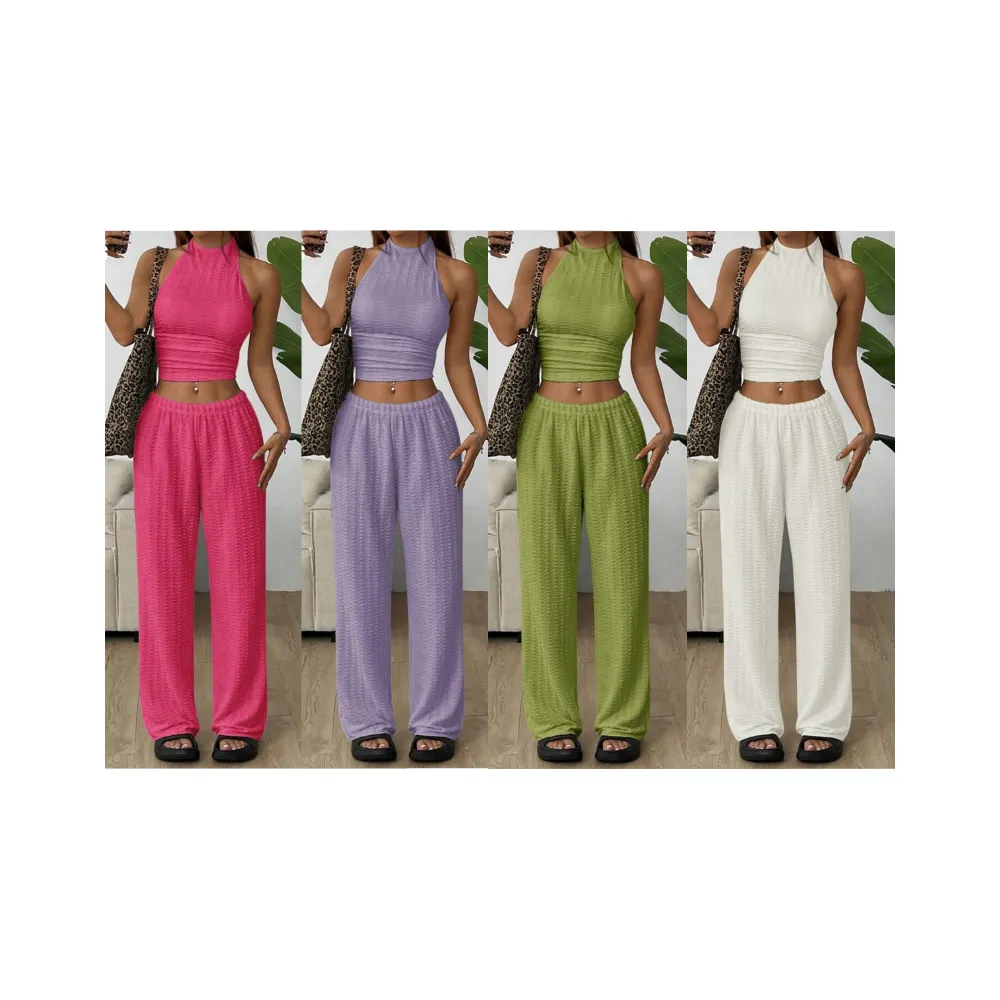 Women's Solid Crop Halter Neck Top & Wide Leg Pants Set
