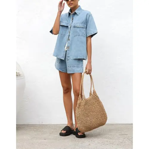 Women's Summer Denim Shirt and Shorts Two-Piece Set Short-Sleeve Button-Down Shirt with Elastic Waist Wide-Leg Shorts Casual Outfit