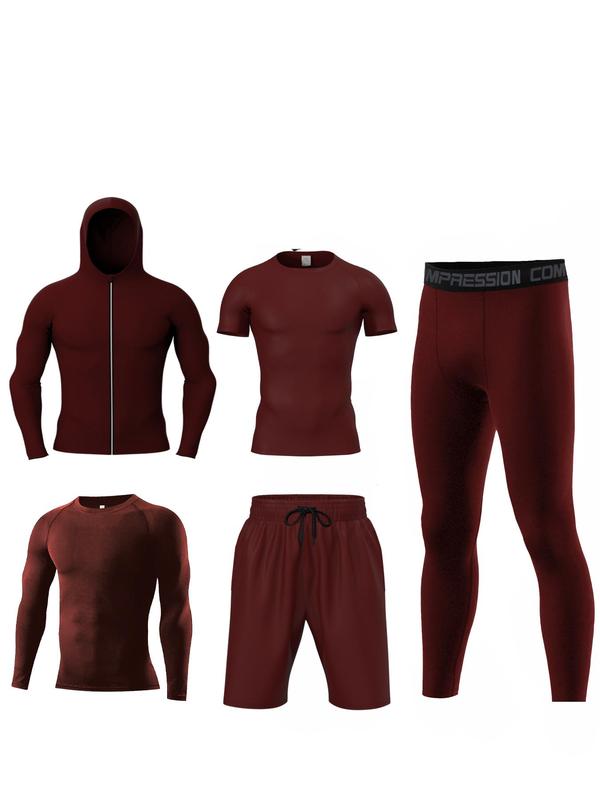 Men's Solid Tracksuit Set, Sporty Zipper Hooded Jacket & Top & Short Sleeve Tee & Letter Tape Waist Leggings & Drawstring Shorts