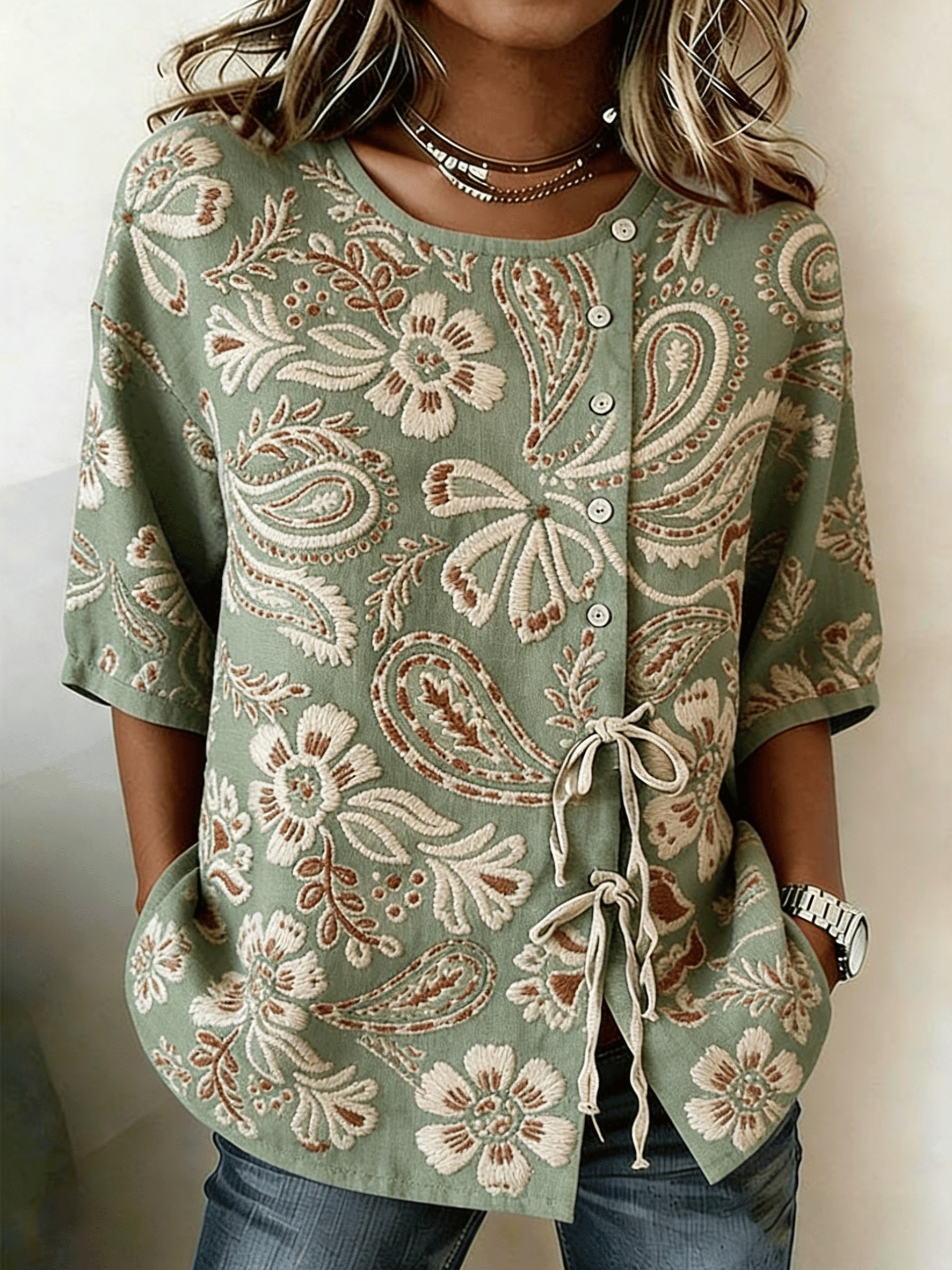 Women's Literary Retro Floral Print Tie Waist Linen Style Blouse- Fast Shipping