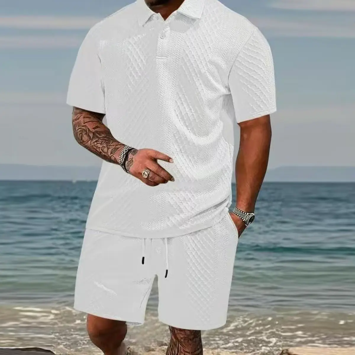 Men's summer casual texture fabric solid color polo shirt T-shirt shorts 2-piece set