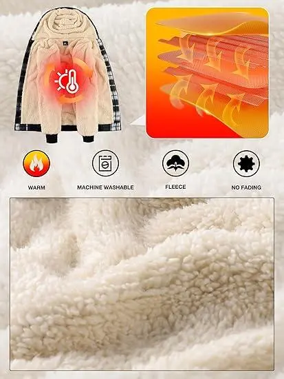 Men's thickened plaid fleece hooded jacket, warm winter jacket with sherpa lining and full zipper closure