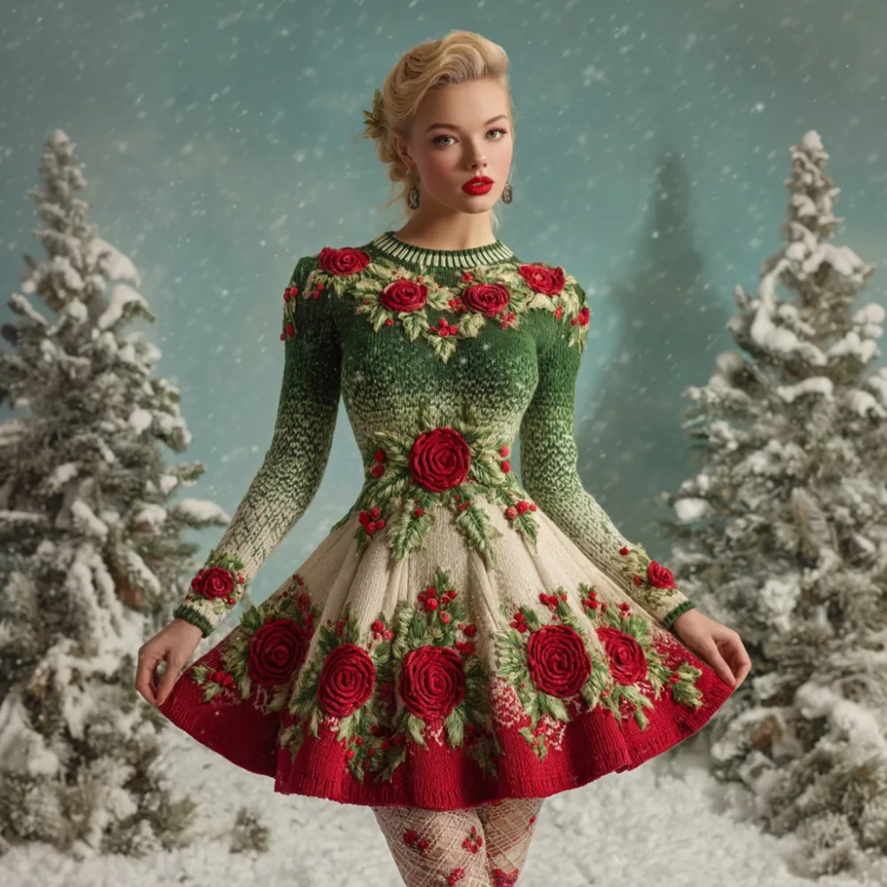 Women's Vintage Christmas Holly Leaves And Rose Gradient Knitted Midi Dress
