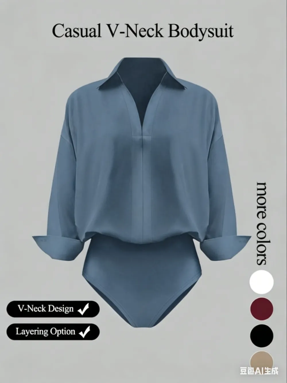 Women's casual loose-fitting V-neck long-sleeved shirt jumpsuit, made from elegant woven fabric