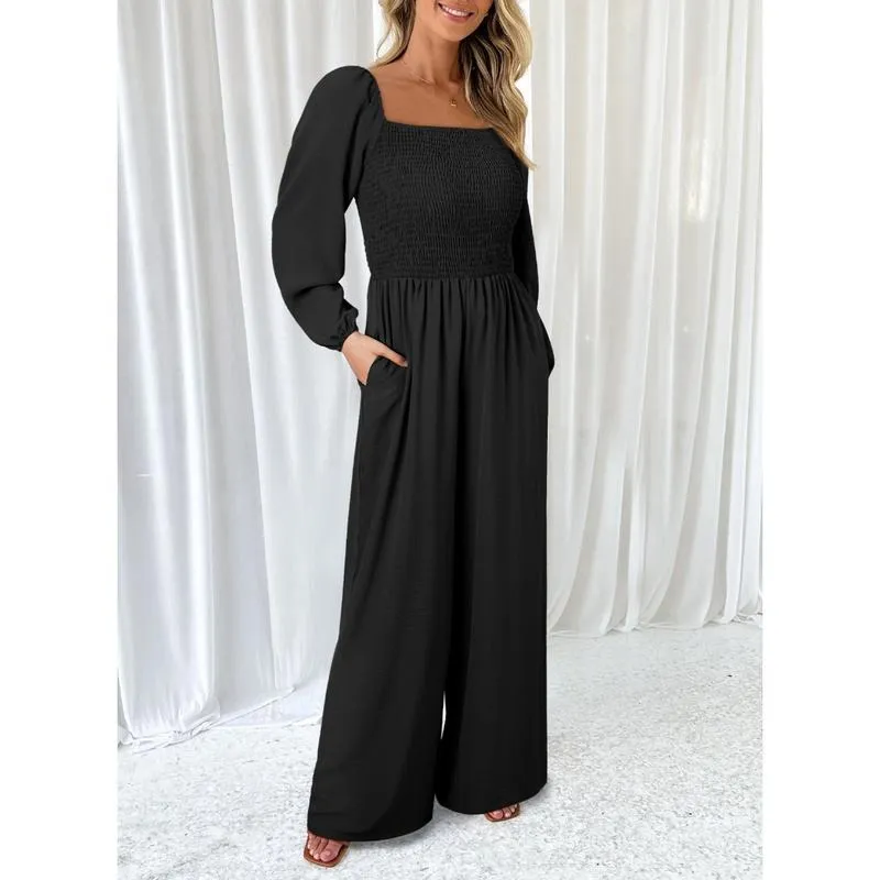 Women's Casual Loose Overalls Jumpsuits One Piece Long Sleeve Wide Leg Long Pant Rompers With Pockets