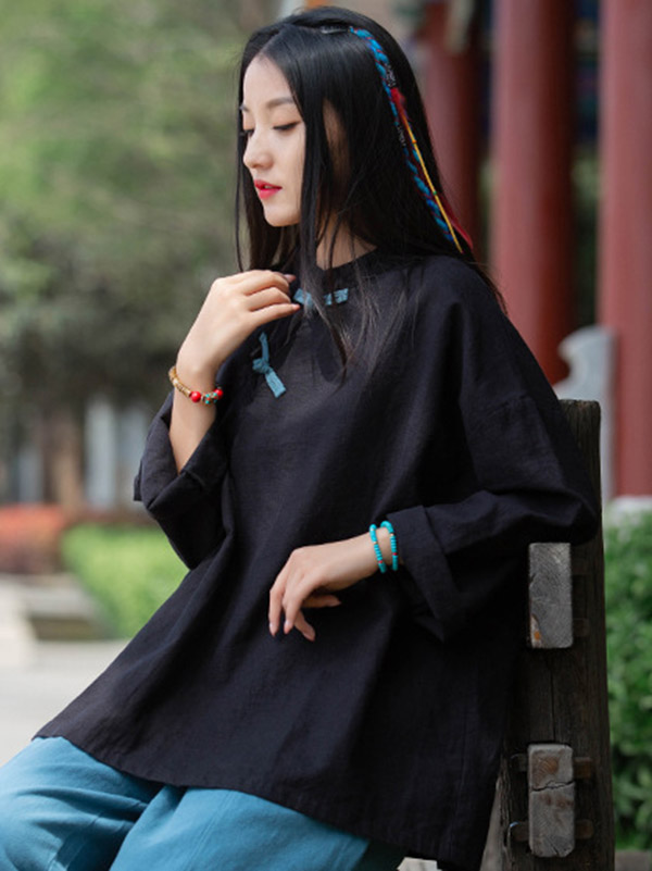 Vintage Linen Frog Loose Long Sleeve Shirt Tops