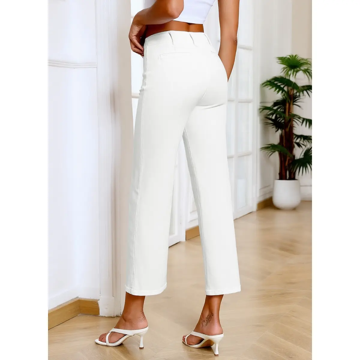 Women's Wide Leg Jeans High Waisted  Stretchy Straight Leg Jeans Buttoned Loose Denim Pants with Pocket