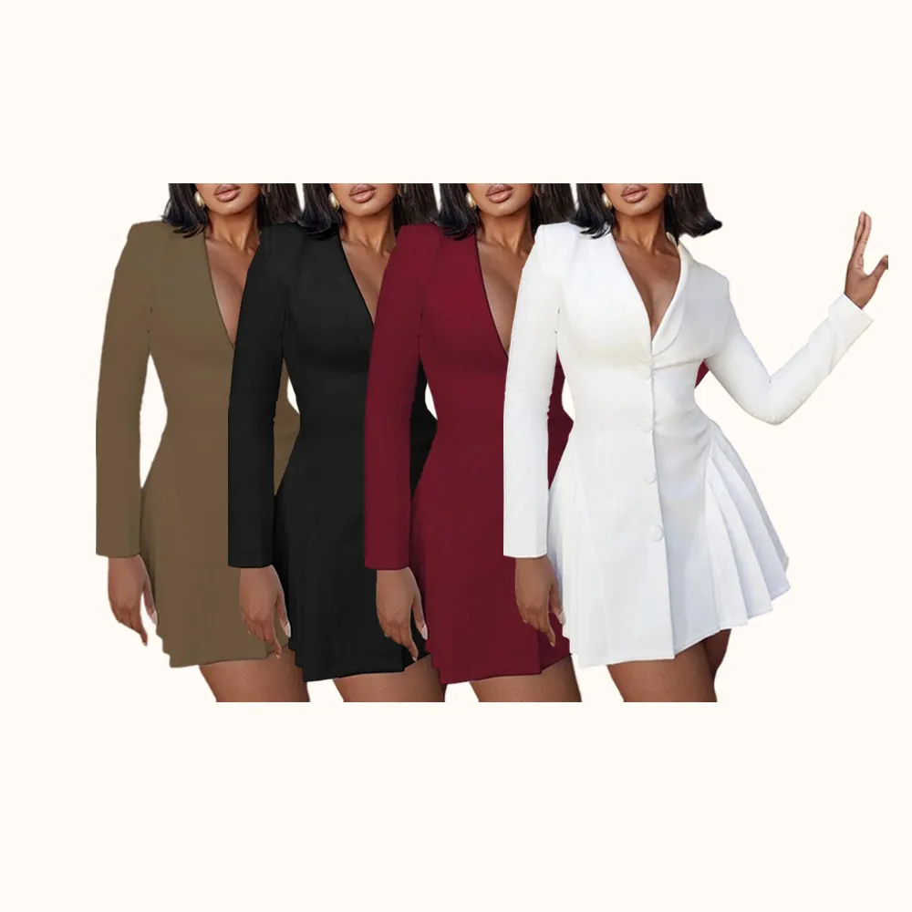 Women's Solid Deep V-Neck Pleated A-Line Dress, Elegant Button Front Long Sleeve Short Dress for Spring & Fall