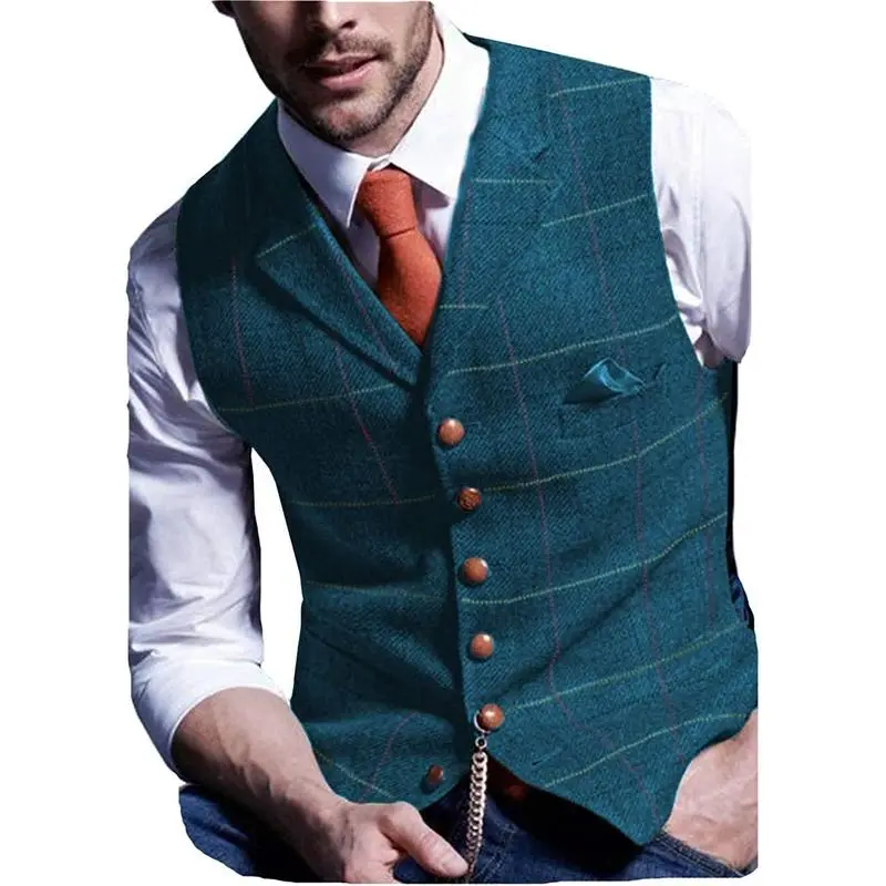 Men's Retro Tweed Vest Herringbone Wool-Polyester Blend Classic Formal & Casual Sleeveless Waistcoat Dress Fabric