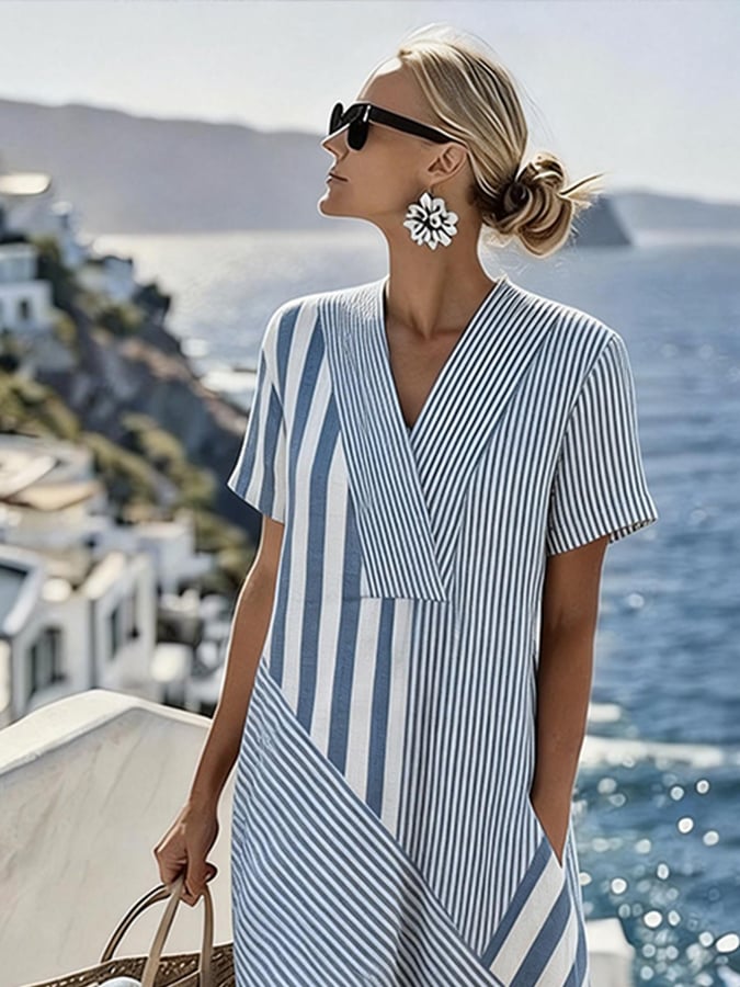Women's Casual V-Neck Striped Loose Dress- Fast Shipping