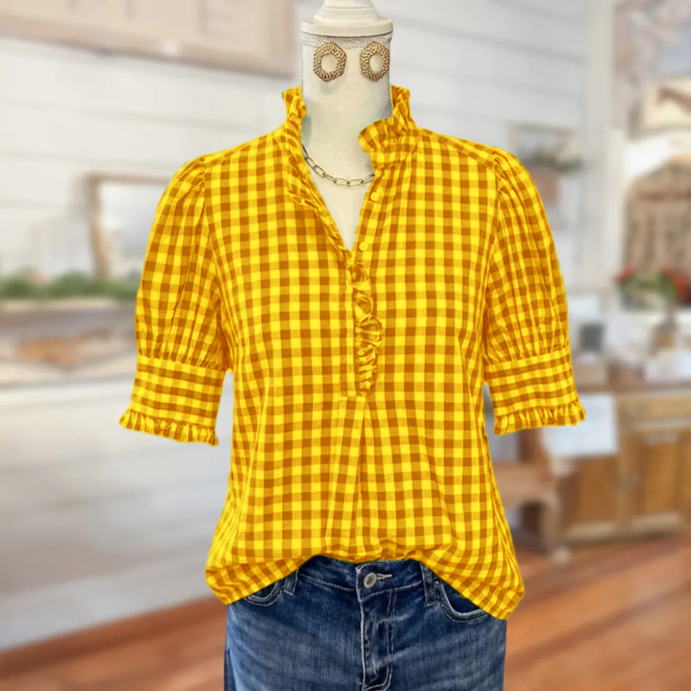 🌿 Women's Vintage Gingham Puff Sleeve Blouse