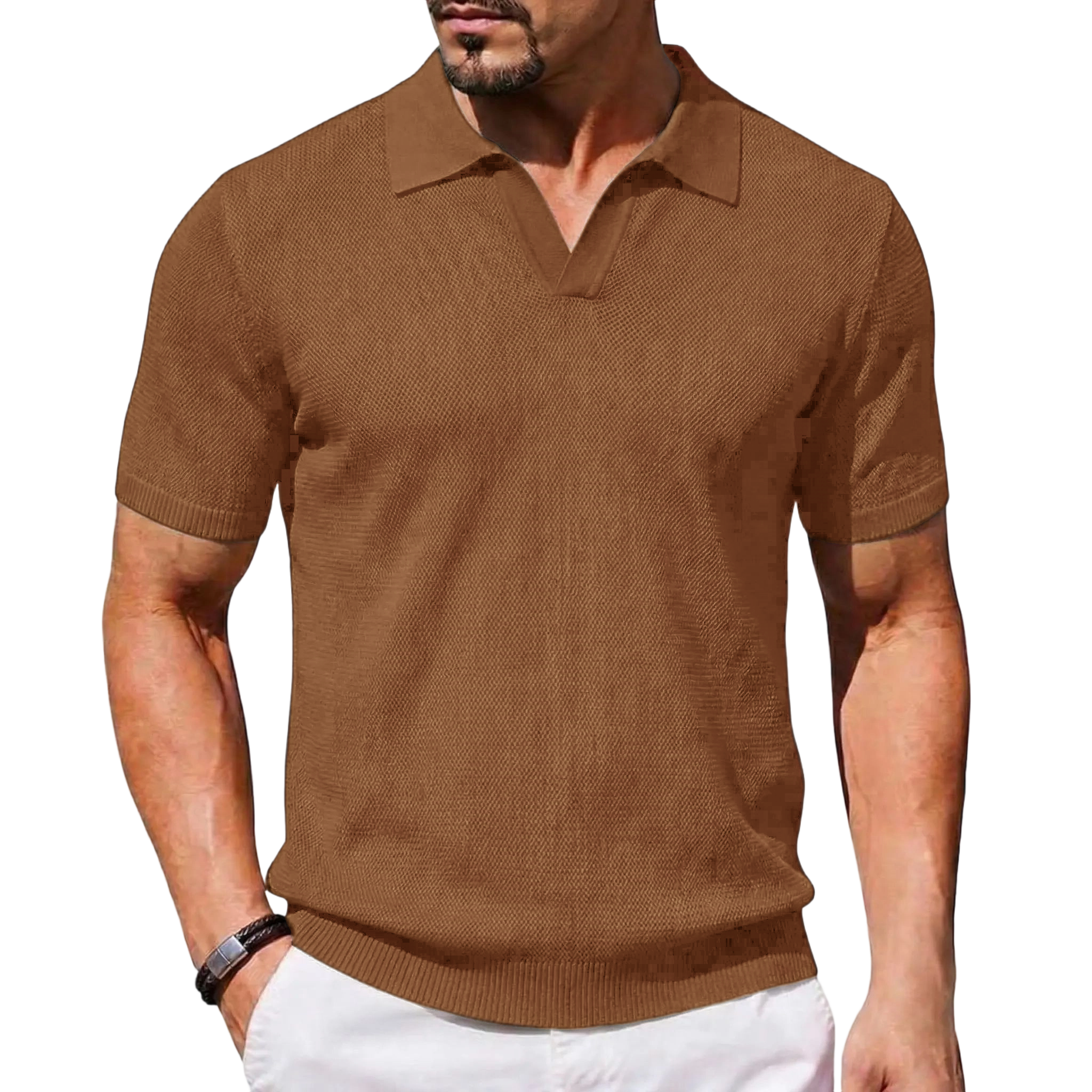 2026 Men's V Neck Short Sleeve Stretch Knit Polo Shirt