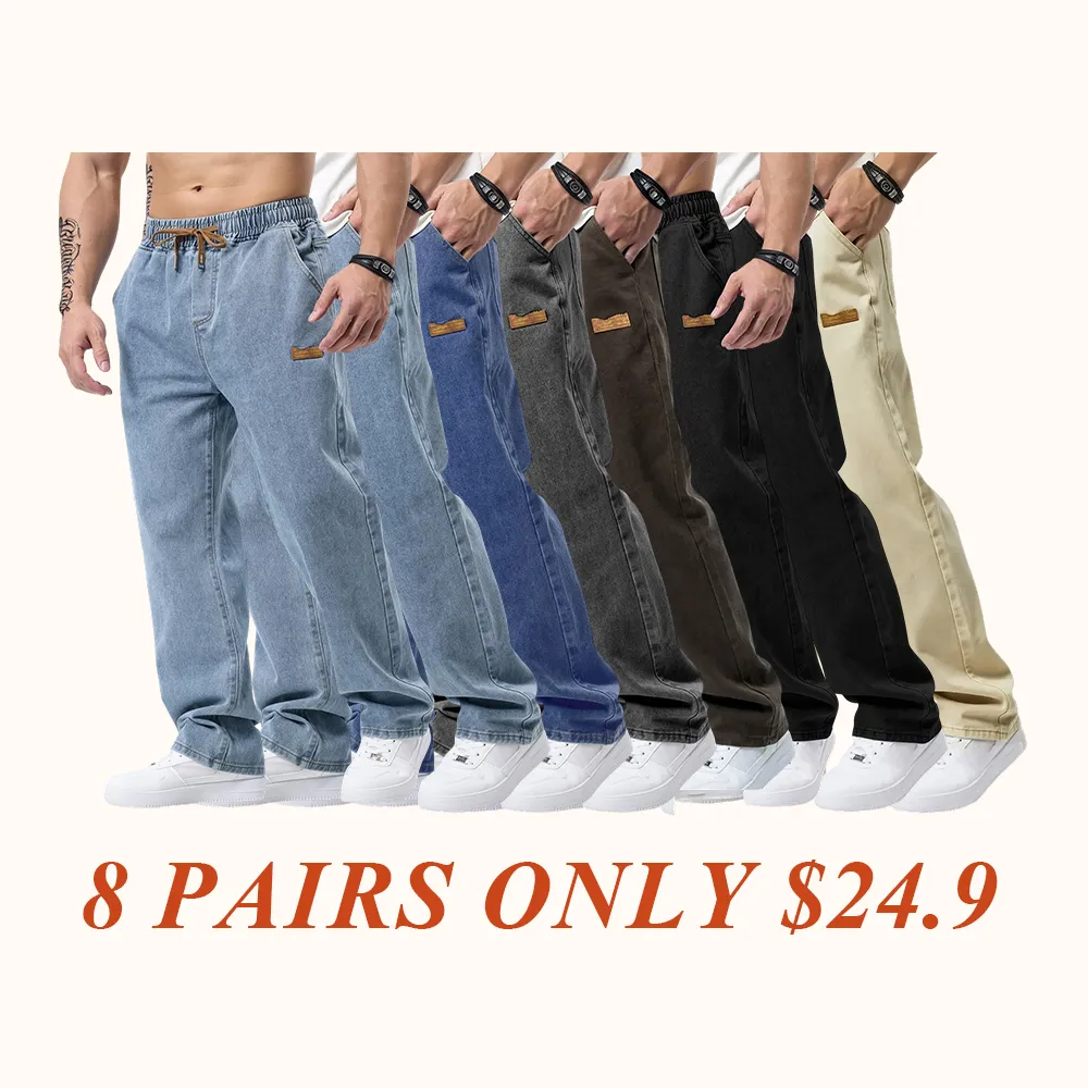 Men's Drawstring Elastic Waist Jeans, Washed Vintage Straight Leg Plain Denim Jeans