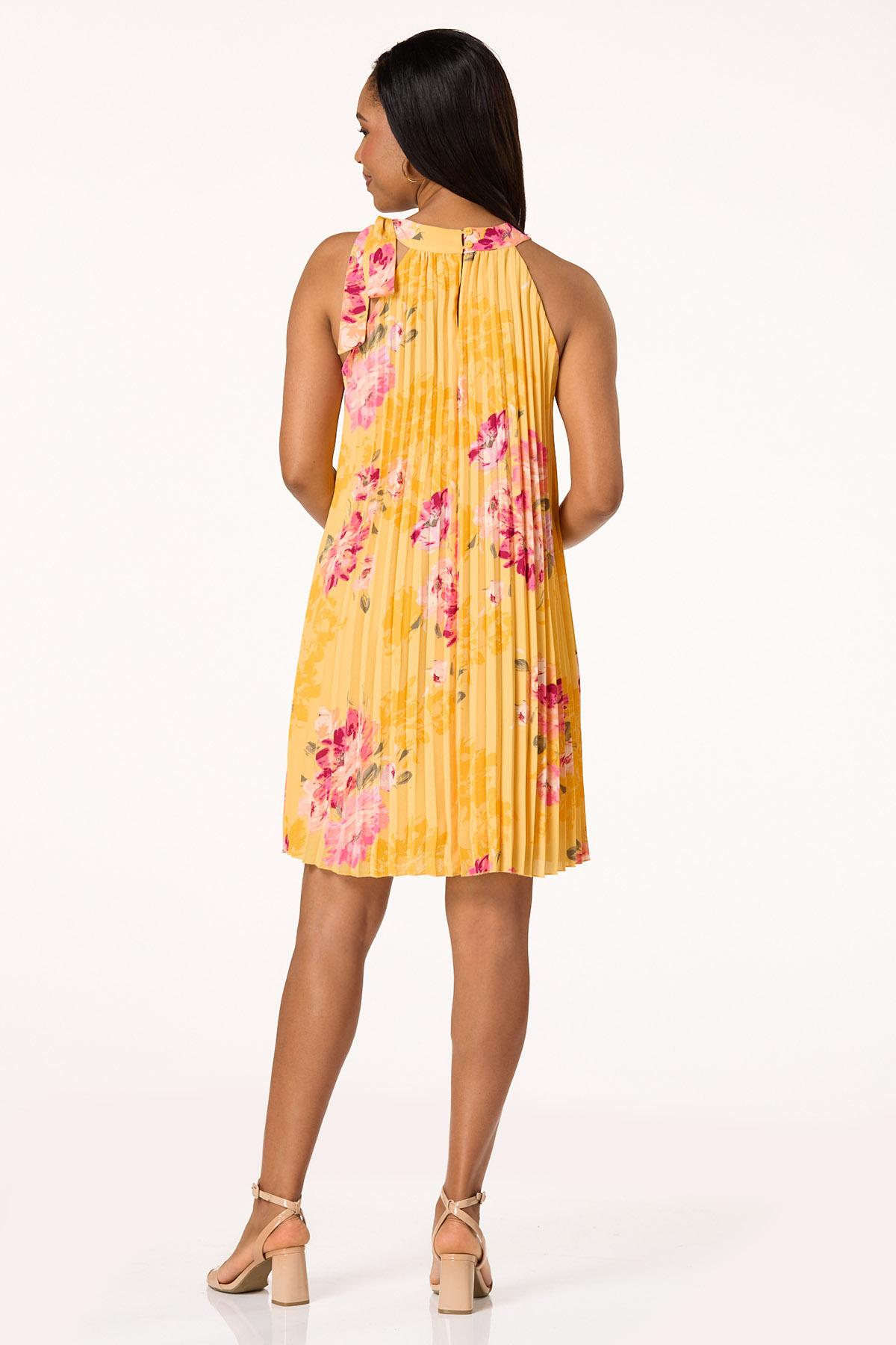 Pleated Floral Tie Neck Dress