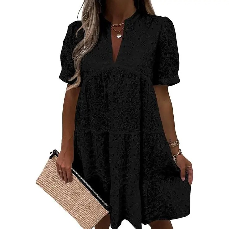 Women’s Eyelet Lace Summer Tunic Dress – Flowy V-Neck Babydoll Style