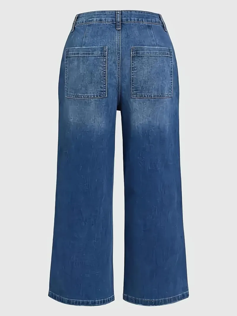 Solid Color Wide Leg Stretchy Jeans, Casual Comfy Denim Stretchy Jeans for Daily Wear, Women's Bottoms for All Seasons