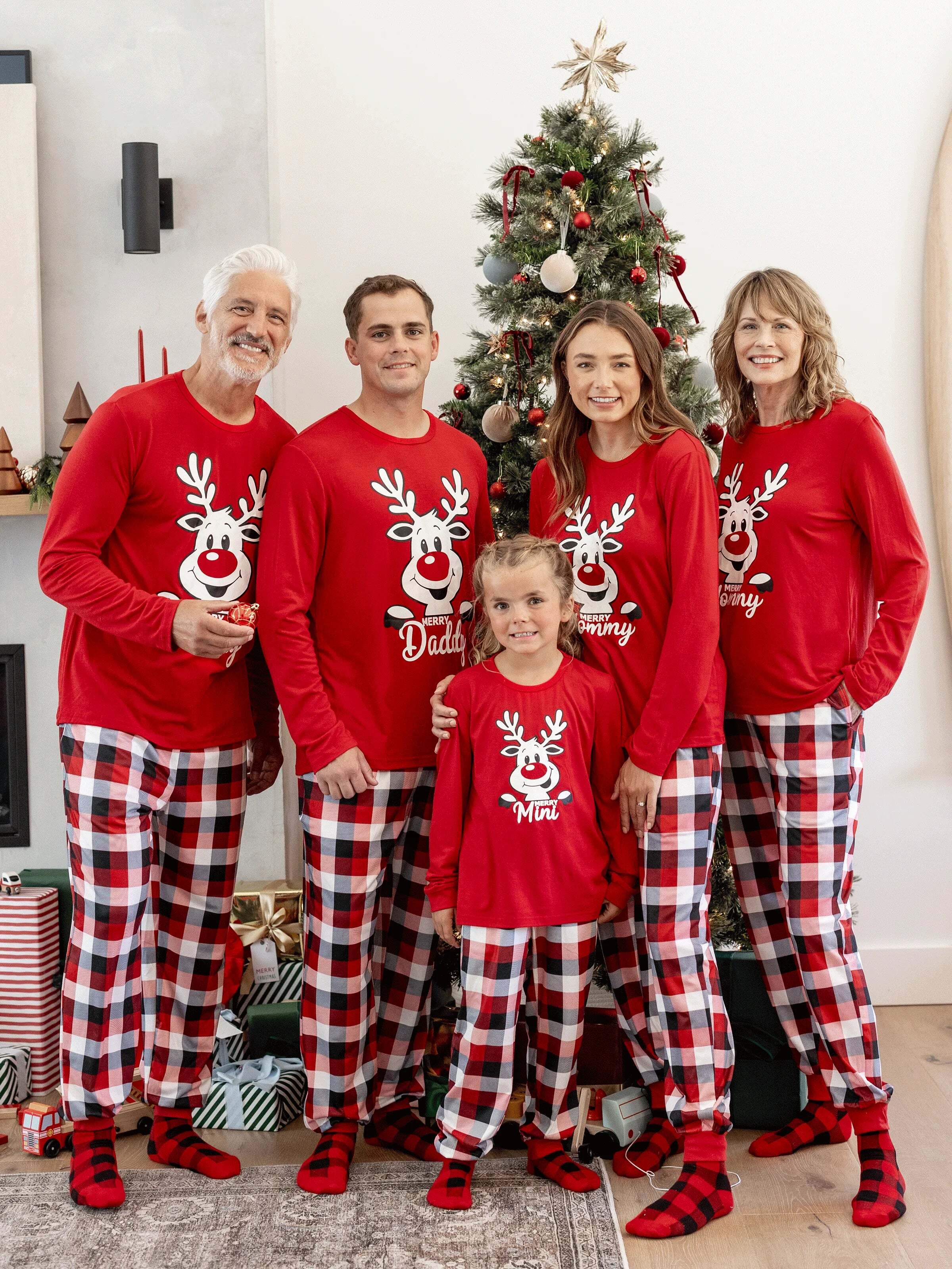 Christmas Matching Family Pajamas Set Glow In The Dark Reindeer Print PJS with Christmas Socks Red
