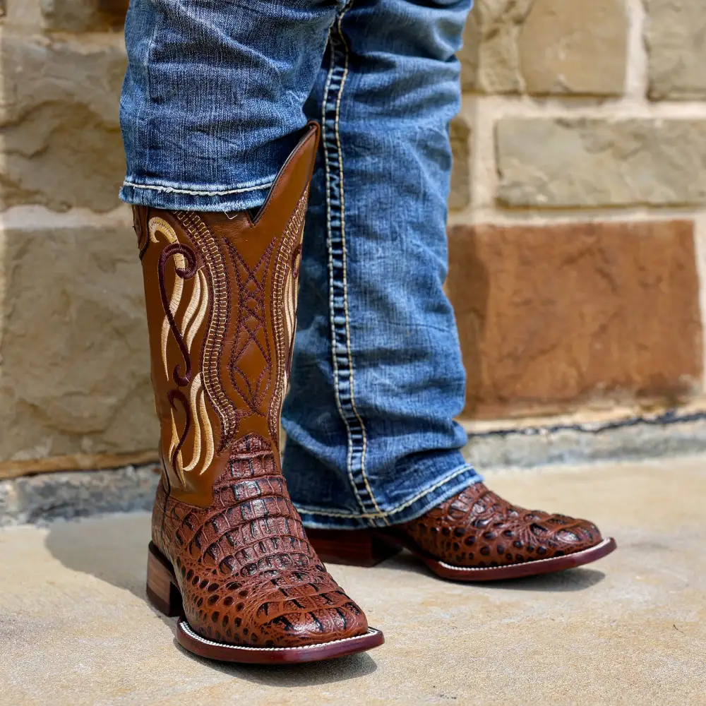 Brown Caiman Neck Leather Boots - Square Toe