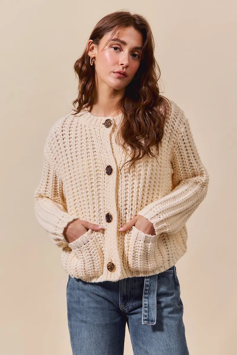 Metal Button Long Sleeve Chunky Sweater Cardigan