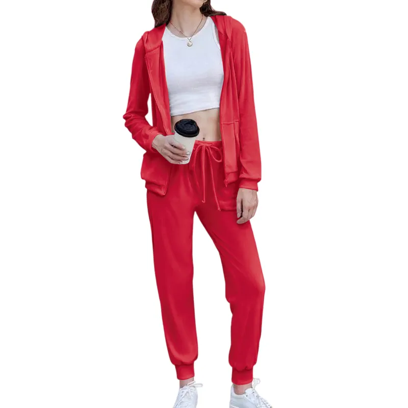 Women's Casual Velour Tracksuit Set Full Zipper Hoodie