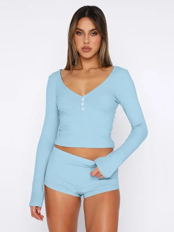 Women's Solid Long Sleeve Crop Top & High Waist Shorts Set