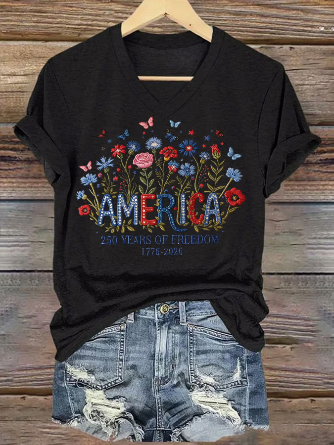 Women's casual retro American 250th Print T-shirt