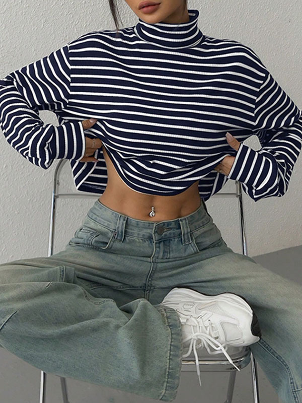 Contrast Color Split-Joint Striped Long Sleeves Loose High Neck T-Shirts Tops