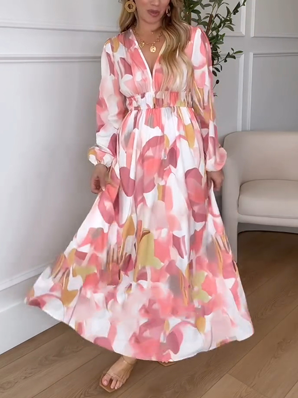 NEW🔥 Long Sleeve Printed Elastic Waist Dress