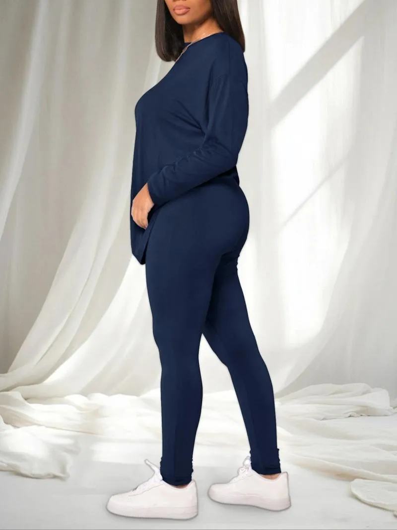 Women's Solid Drop Shoulder Tee & Elastic Waist Skinny Pants Two-piece Set