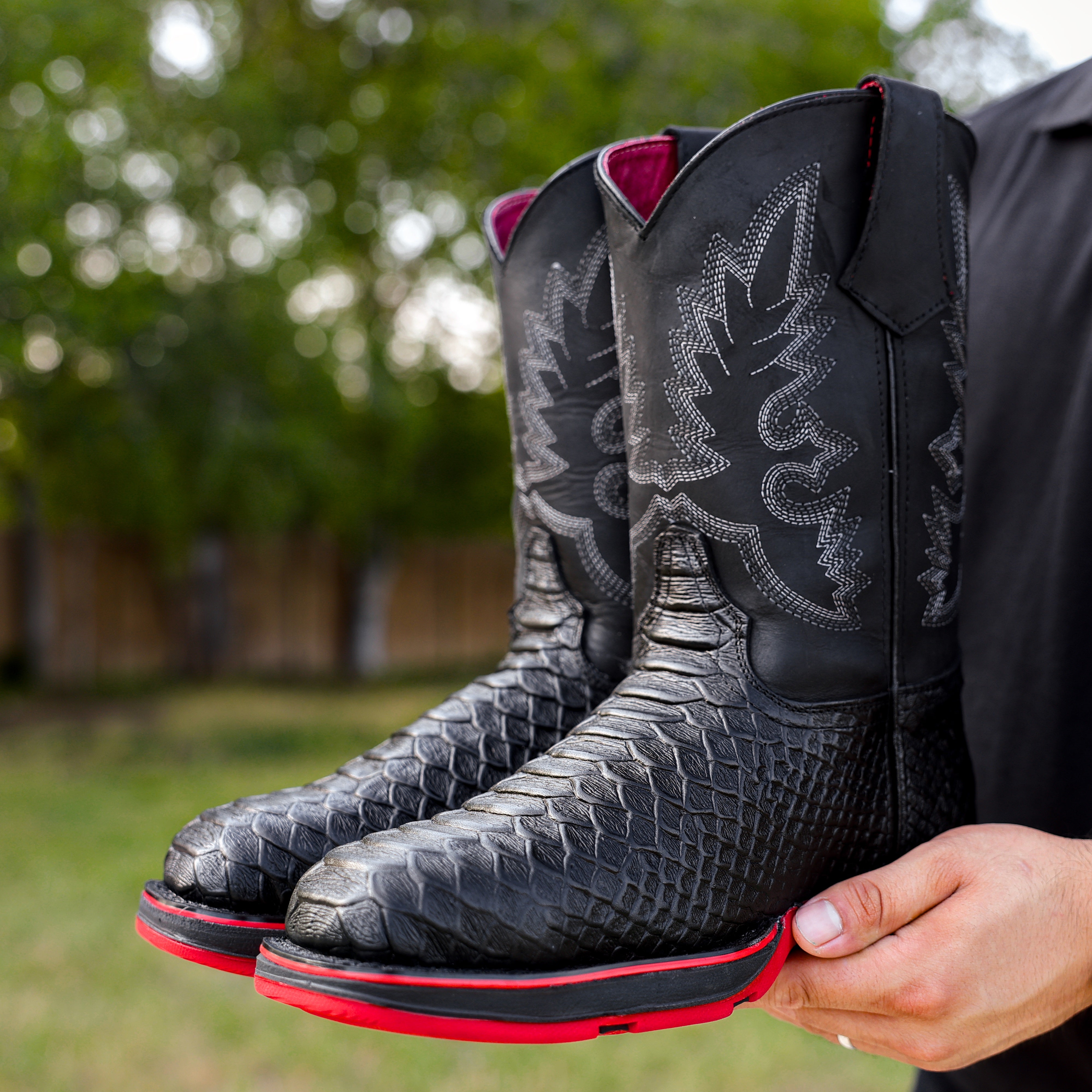 Black Anaconda Leather Boots With 3D Lightweight Sole - Composite Toe