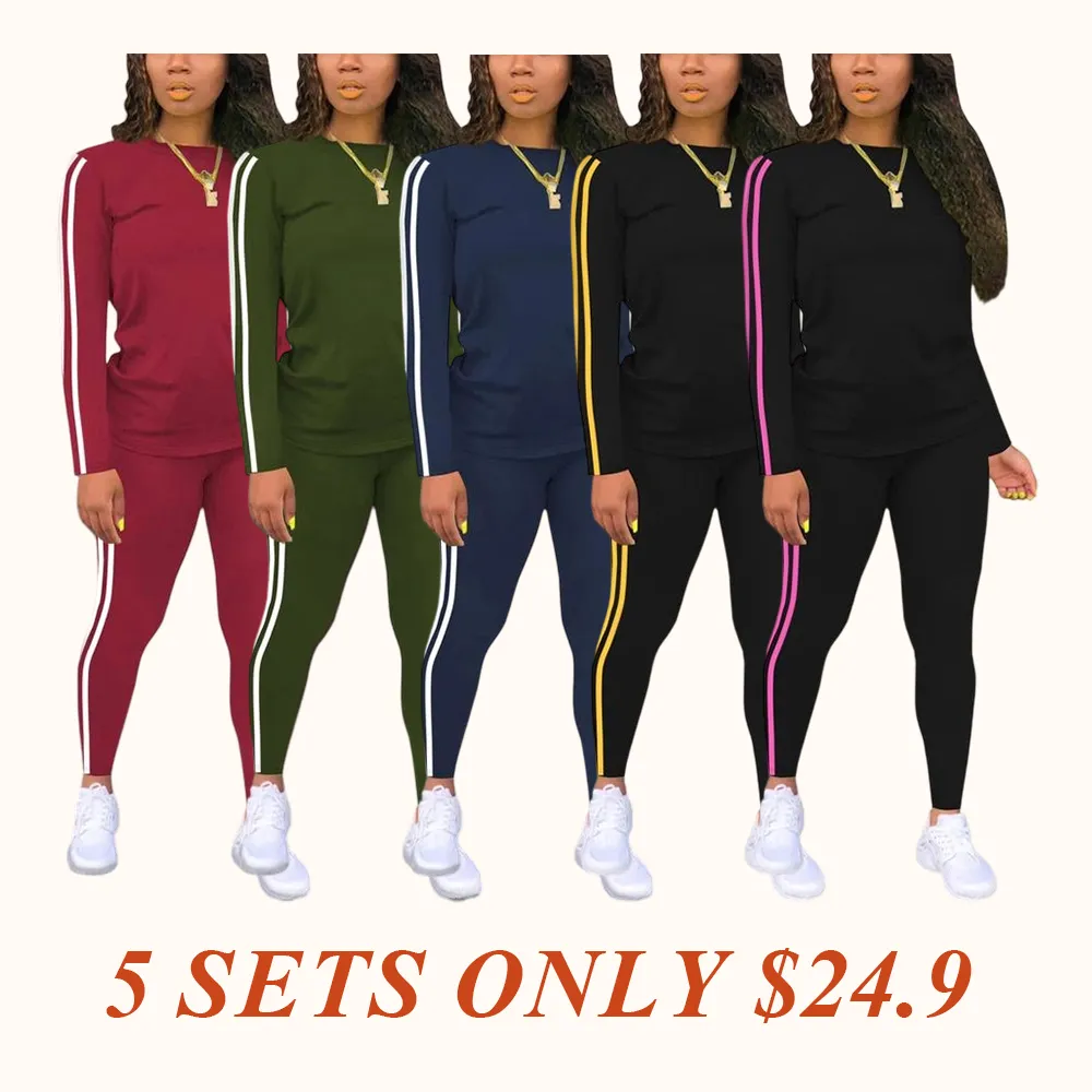 Women's Striped Print Long Sleeve Top & Pants Two-piece Set