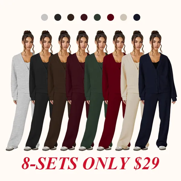 Women's Slouchy Solid Color V Neck Long Sleeve Button Cardigan & Drawstring Waist Trousers Co-ord