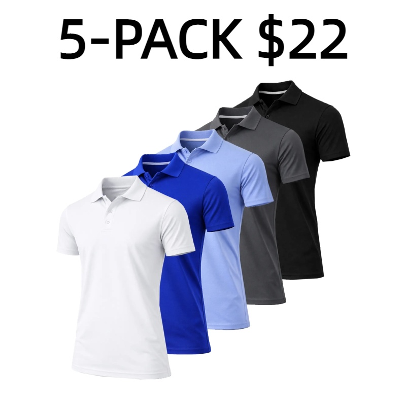 Men's 5-Pack Dry Fit Moisture-Wicking Fabric Polo Collar Shirt Menswear Stylish Ribbed Sleeve