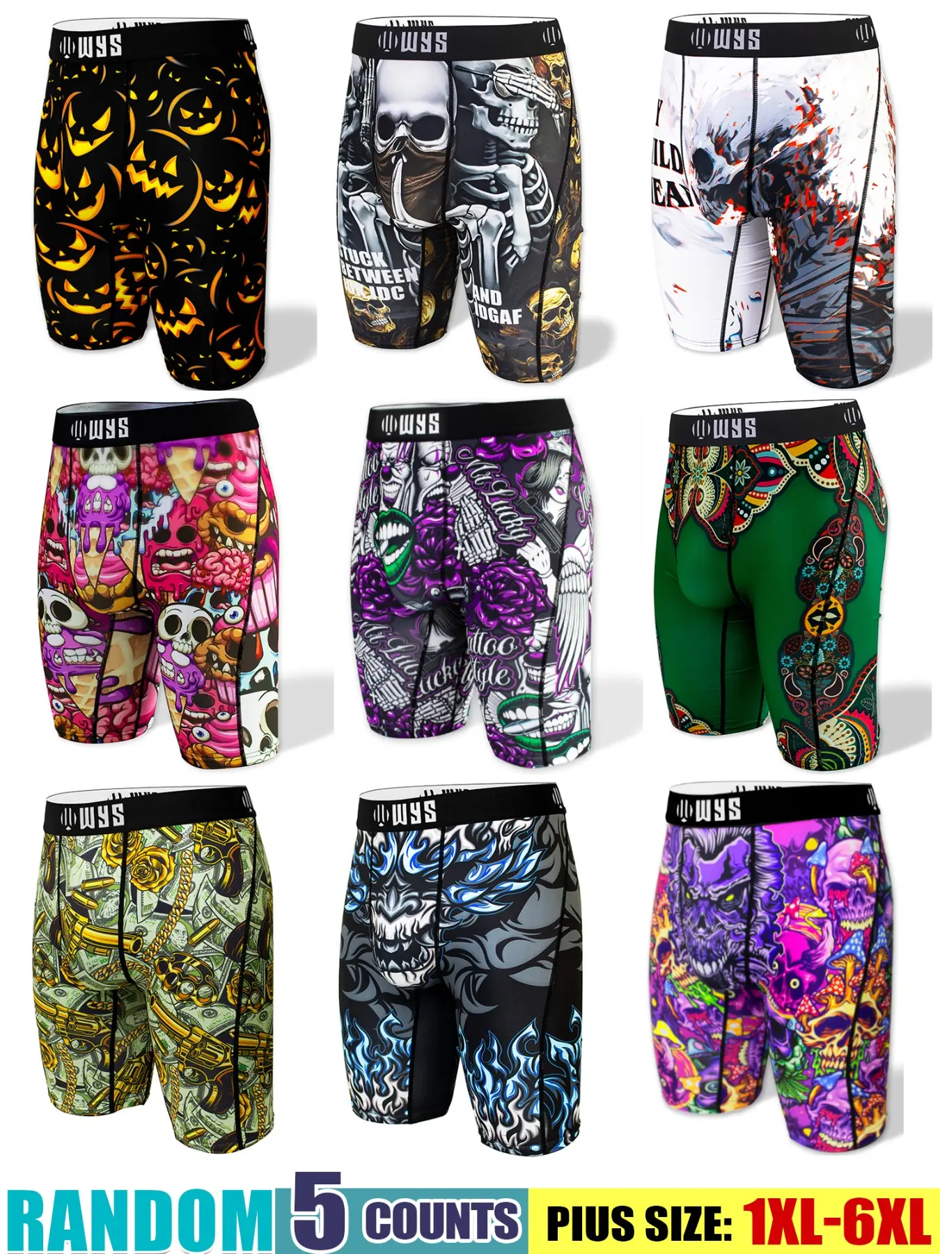 Random 5-Piece Set Plus Size Men's Long Thong Underwear, Breathable Sport Briefs, Quick-Dry