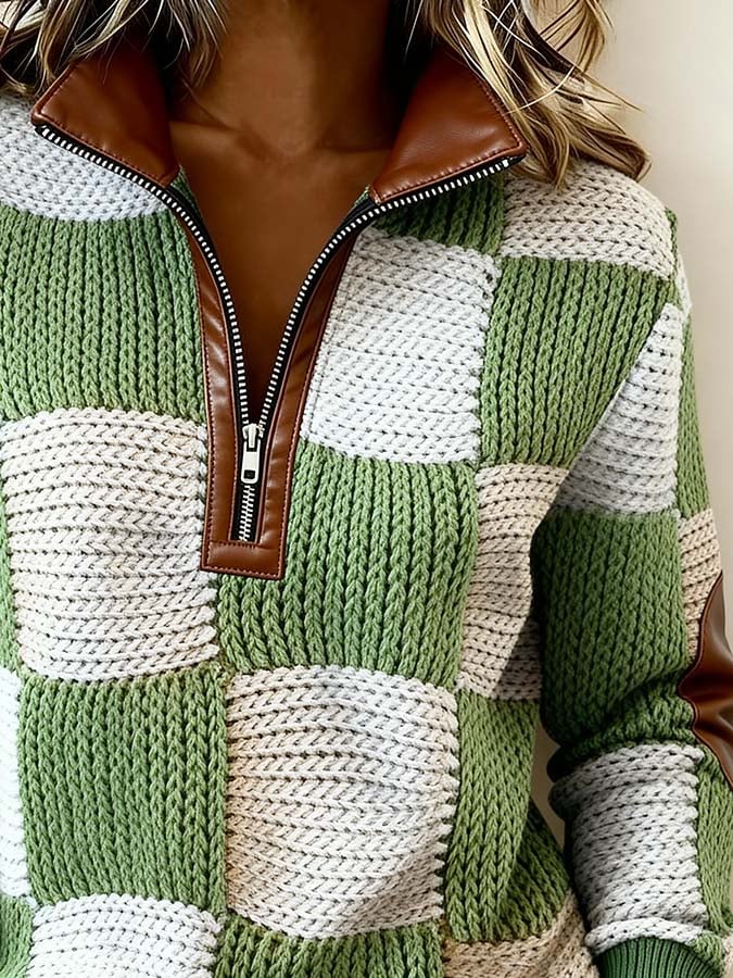 Women'S Casual Leather Patchwork Color-Block Sweater