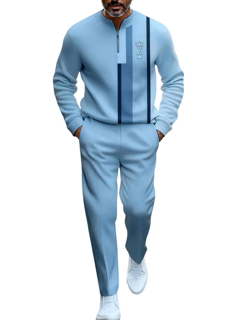 Men's Fashion New Retro Beige & Brown Block Semi-Cardigan Set