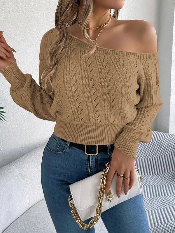 Women's Plain Textured Hollow Out Asymmetrical Neck Sweater