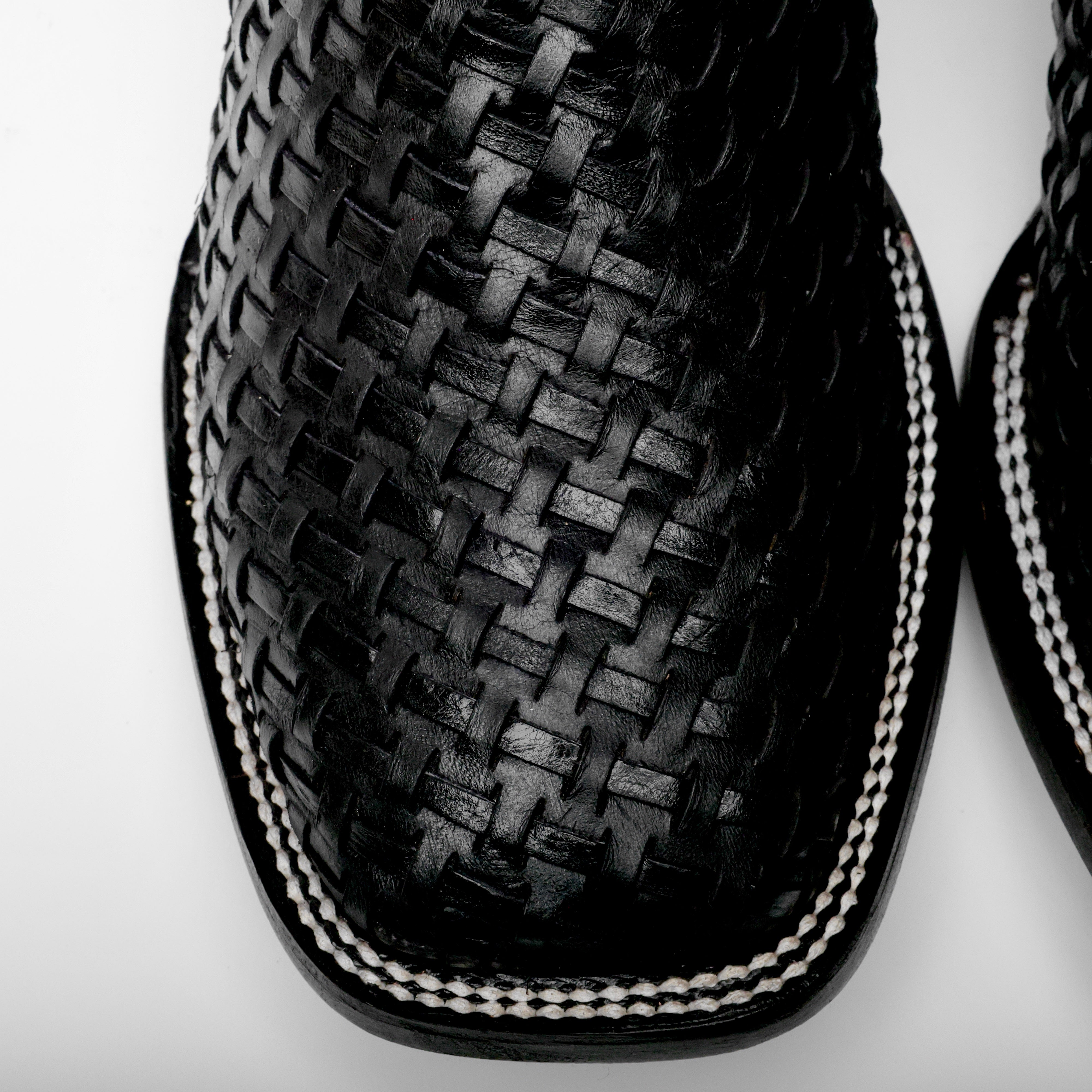 Black Basketweave Leather Boots - Square Toe