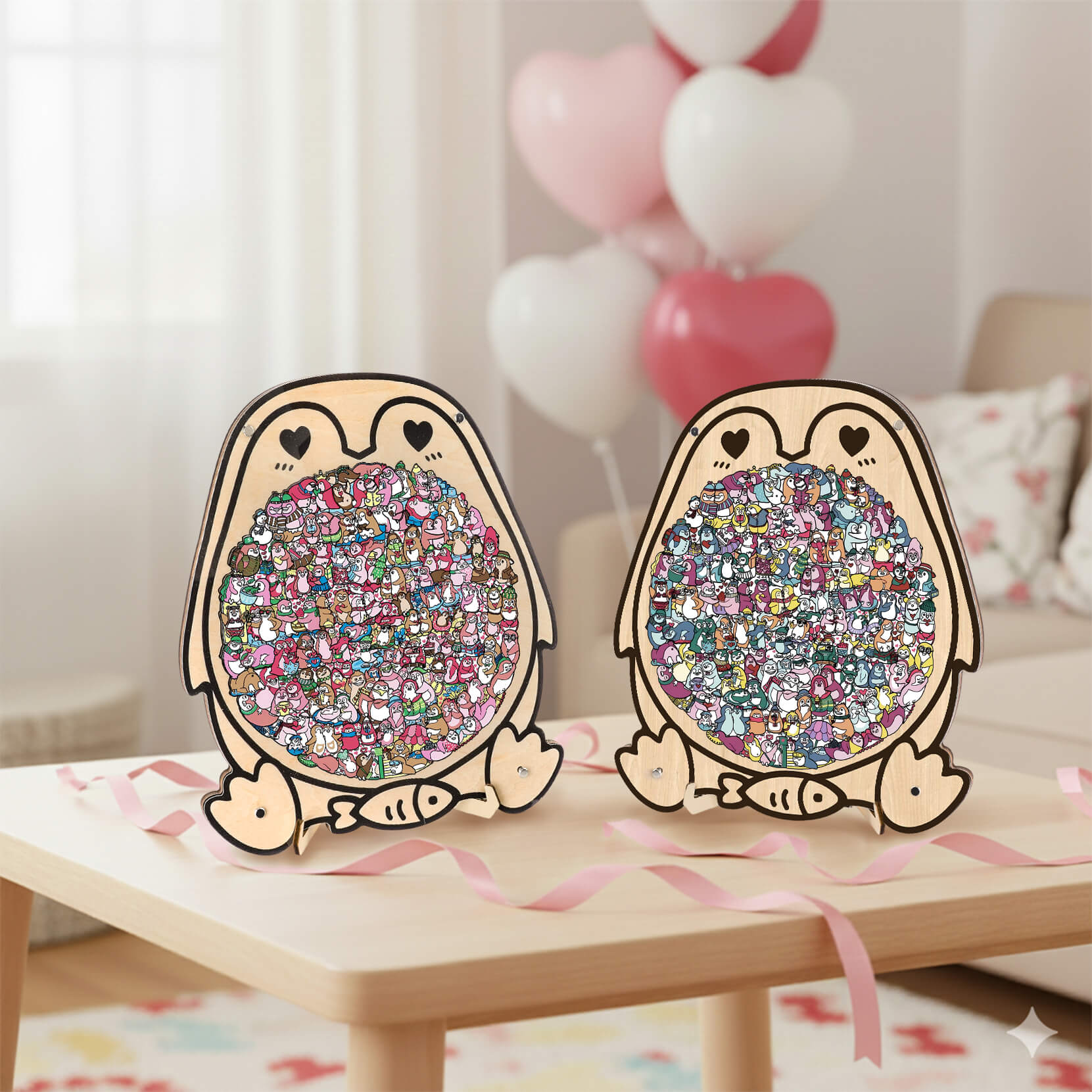 Cute Lover Penguin Shaped Wooden Jigsaw Puzzle