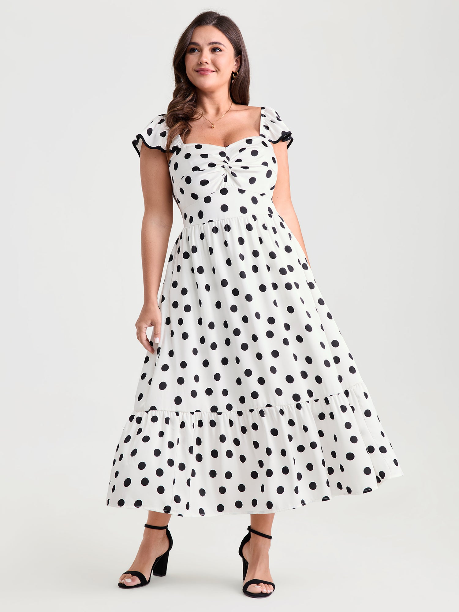 Charming Polka Dots Twist Front Midi Dress