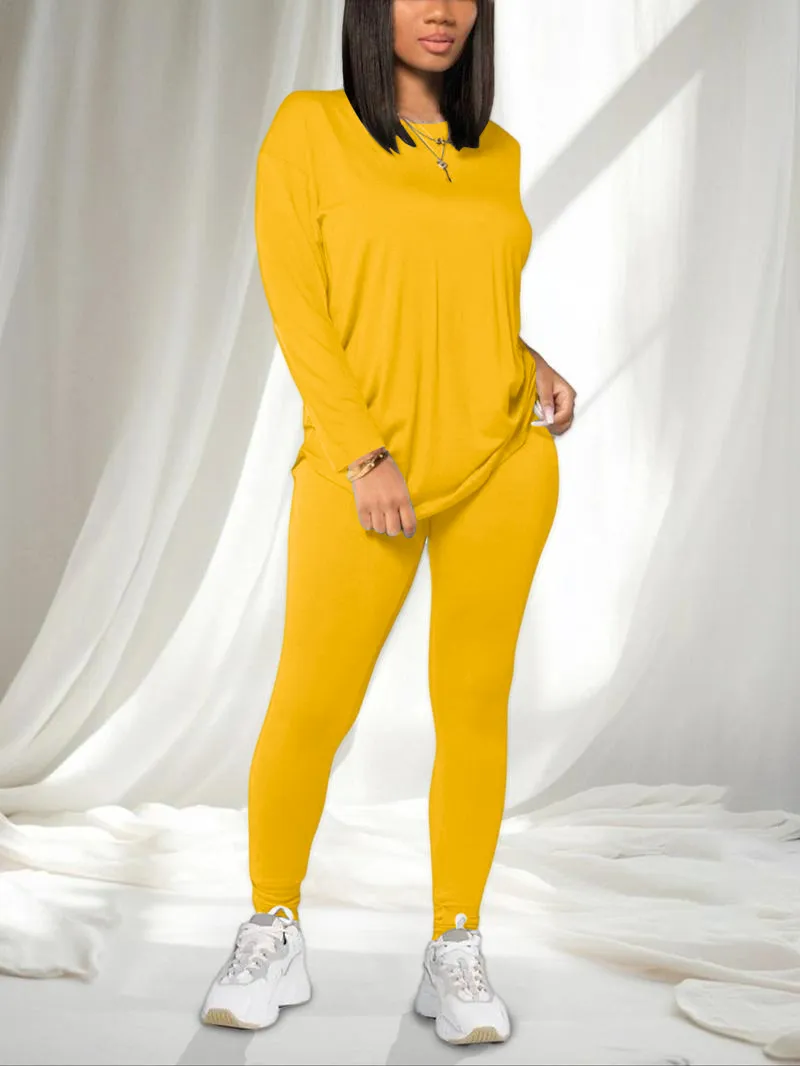 Women's Solid Drop Shoulder Tee & Elastic Waist Skinny Pants Two-piece Set