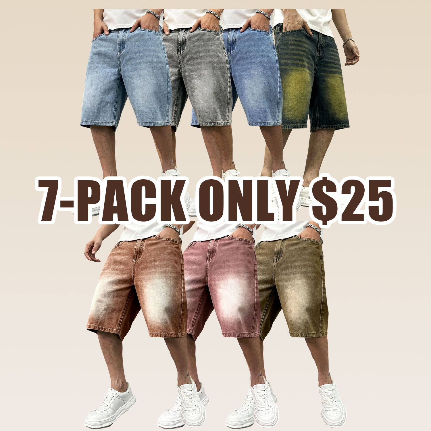 Men's washed retro color denim shorts, trendy, versatile, loose straight-leg casual streetwear denim five-point pants