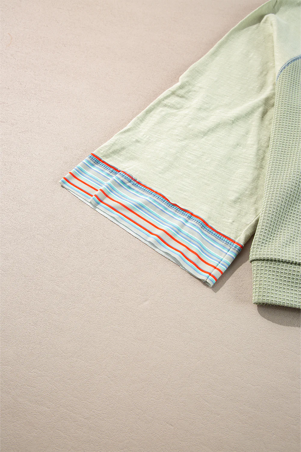 Meadow Mist Waffle Knit Wide Bracelet Sleeve Patchwork Raglan Top